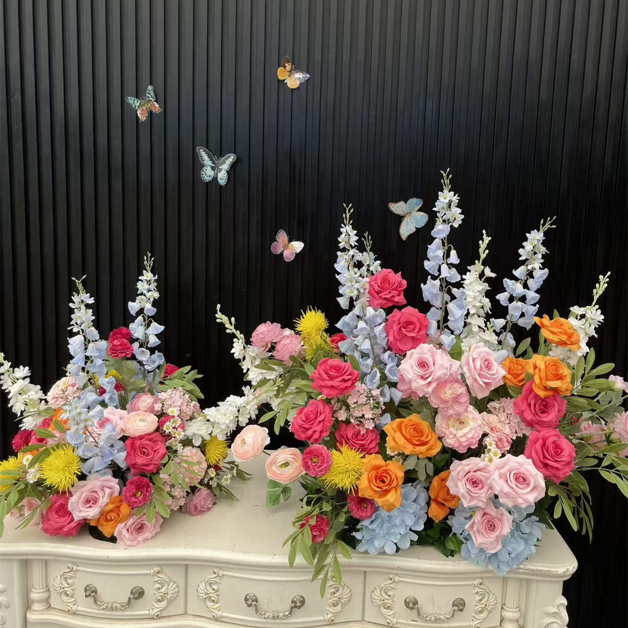 PPS Wholesale Artificial Pink Orange Rose Madder Ground Flower Arrangement Runner Silk Ground Arrangement for Wedding Decor