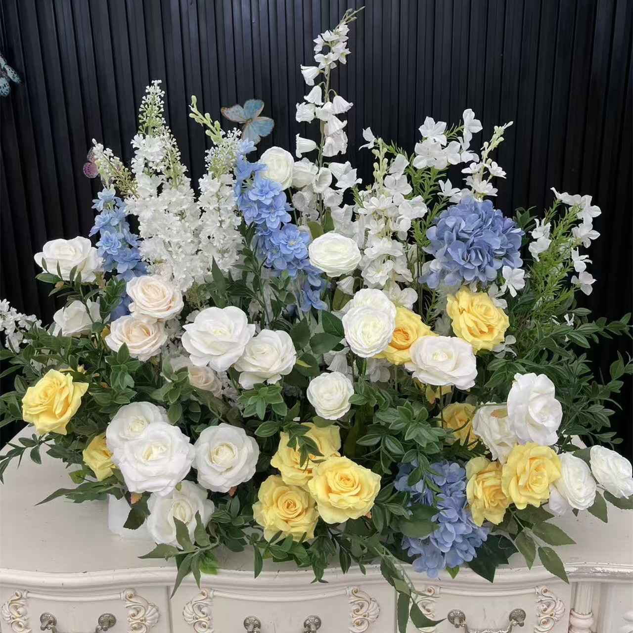 PPS Wholesale Artificial Yellow White Blue Ground Flower Arrangement Silk 80cm Ground Arrangement for Wedding Decor