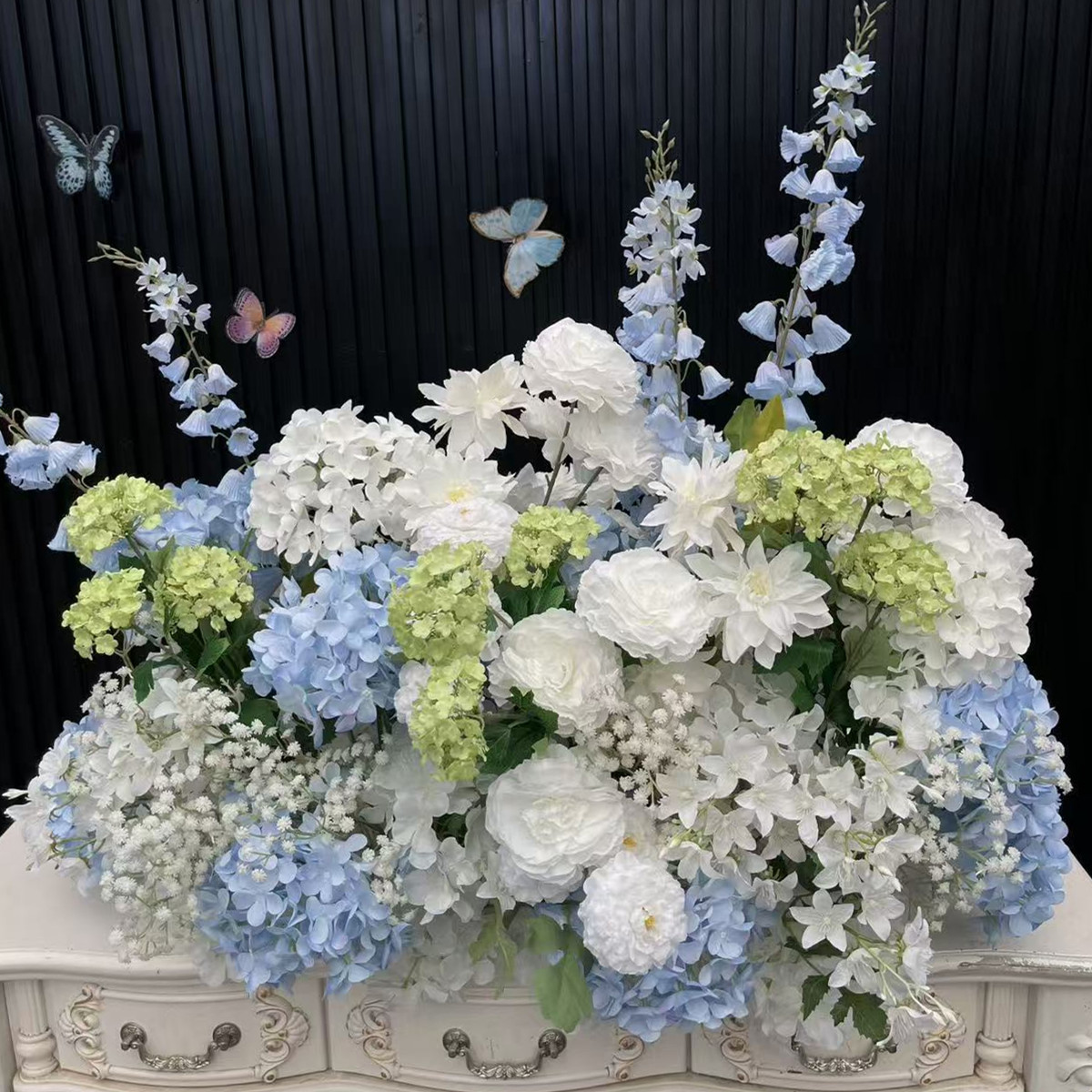PPS Artificial Blue White Delphinium Ground Flower Runner Arrangement Silk 90cm Ground Flower Arrangement for Wedding Decor