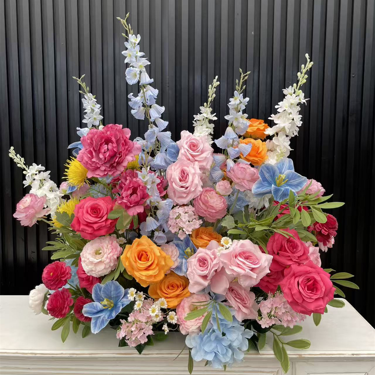 PPS Wholesale Artificial Pink Orange Rose Madder Blue Ground Flower Arrangement Silk Ground Arrangement for Wedding Decor