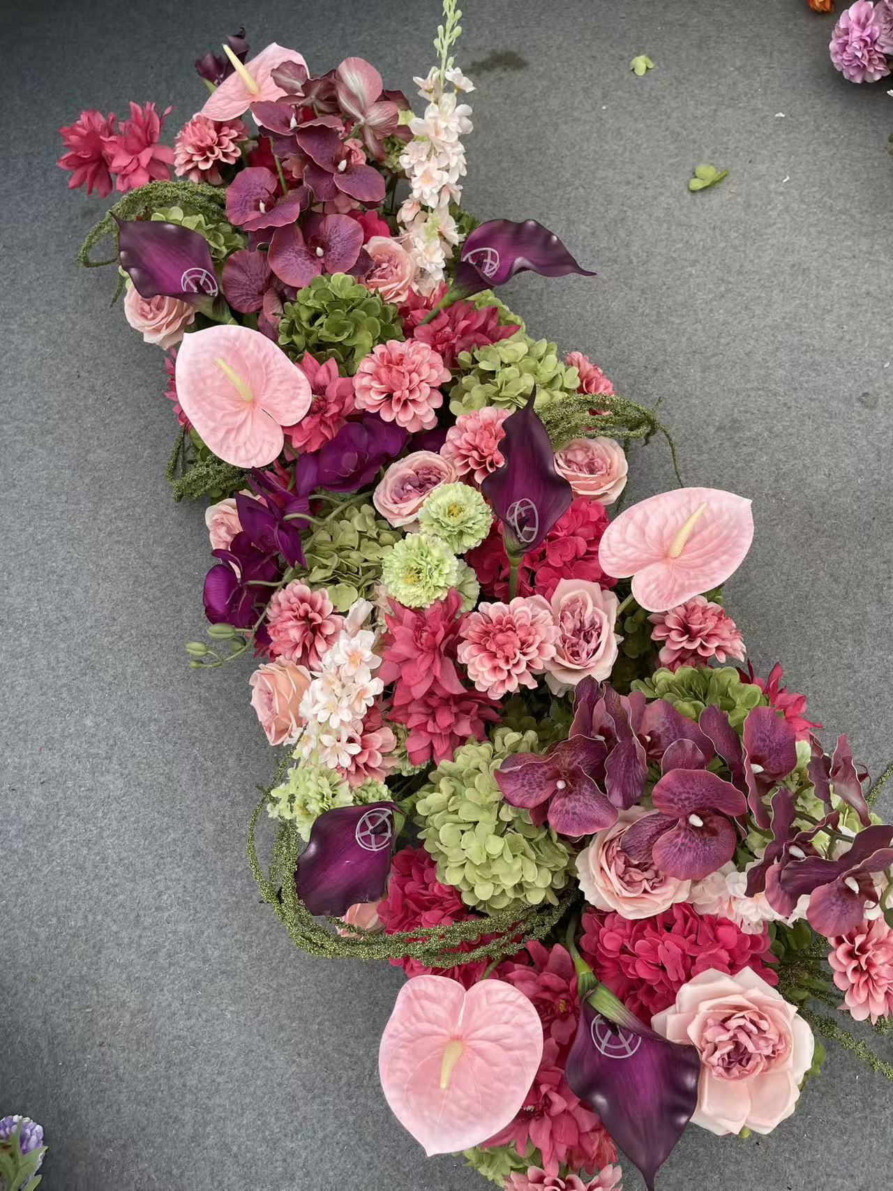 PPS Hot Selling Rose Madder Green Pink Purple Orchid Flower Runner Party Wedding Stage Aisle Decor Flower Row for Event