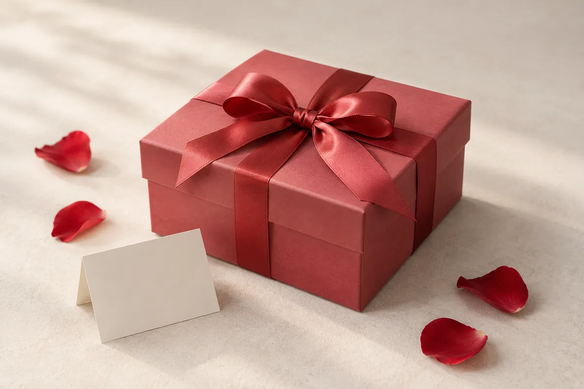 Original representative concept image of an unbranded wrapped gift box and blank card. Not exact product photography.