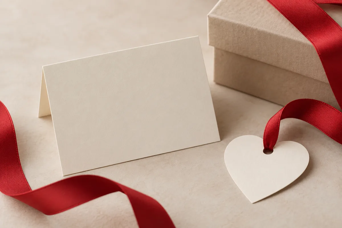 Original representative detail concept of a blank card and heart-shaped tag. Not exact product photography.
