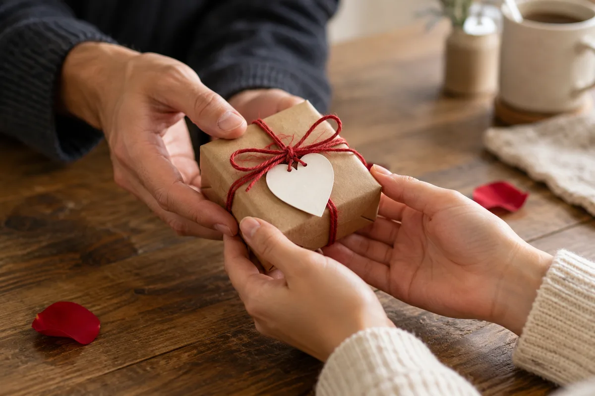Original representative visual of a heart-tag Valentine gift box being exchanged